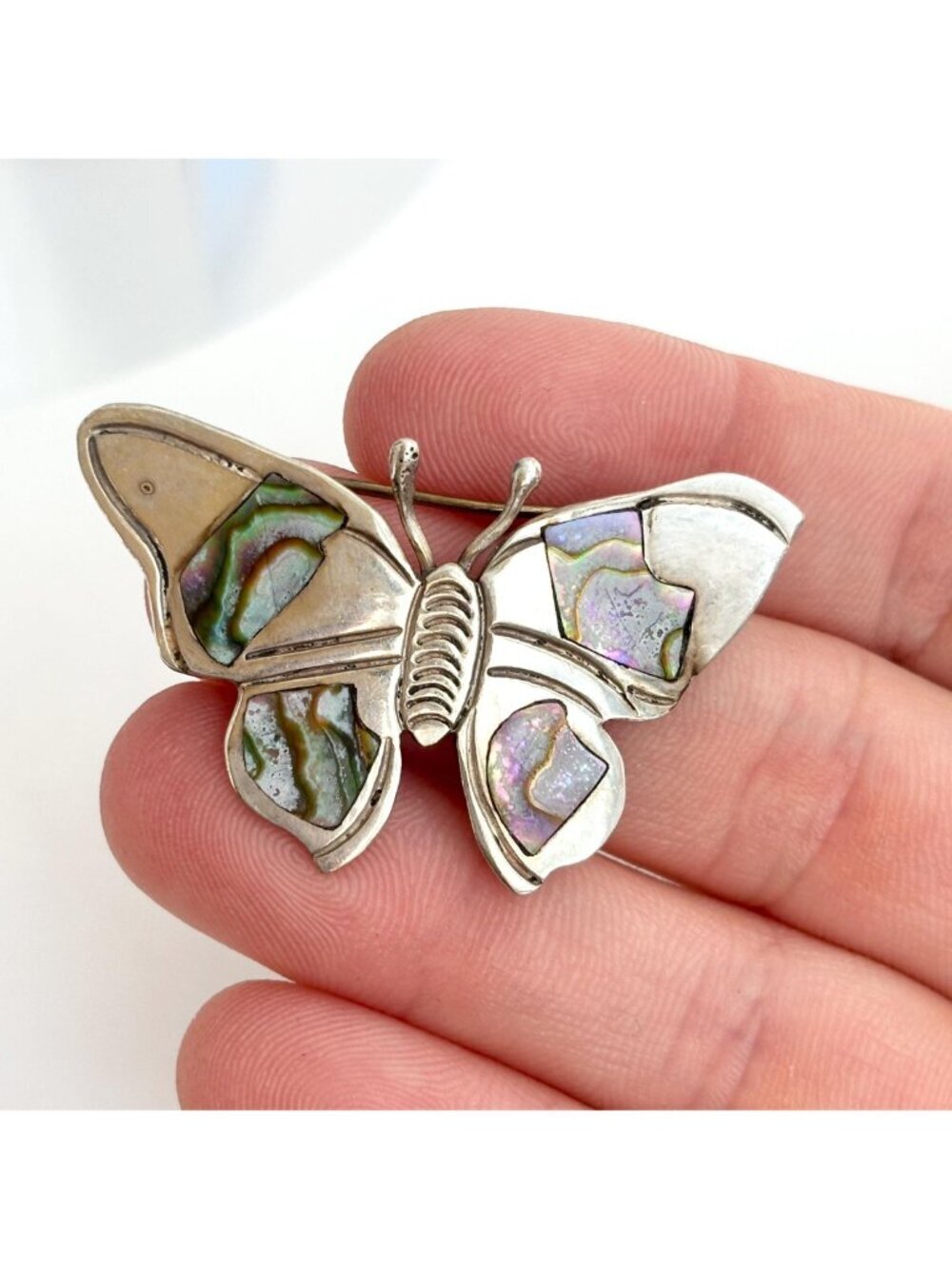 Butterfly Figural Abalone Mexican 925 Sterling Silver Navajo Vintage Brooch - Picture 7 of 11
